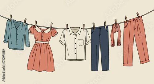 Clothesline with hanging garments. Clothing line features neatly hanging garments, shirt, dress, trousers, drying gently in breeze. Depicts classic clothesline setup, evokes sense of nostalgia,
