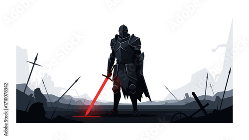 Battle-scarred Knight: A lone knight stands amidst the desolation of a battlefield, a symbol of resilience, clad in formidable armor and a crimson sword. Evoking themes of valor, solitude.
