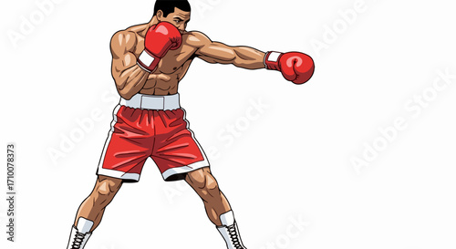 Boxer attacks with a punch, depicted in dynamic cartoon illustration with classic pose and red boxing gloves, power punch conveys energy and aggression, a classic pose from boxing,