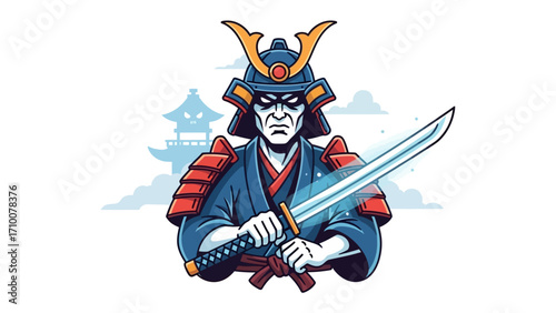 Samurai Warrior with Sword: A bold, digital artwork of a stoic samurai warrior, dressed in traditional armor, grips a gleaming sword with focused resolve.