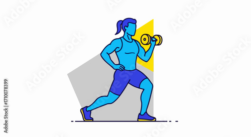 Dumbbell workout with blue and yellow accents showing muscular woman performing lunge. Dumbbell workout emphasizes strength and fitness, portraying dedicated athlete in action.