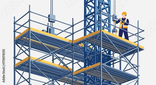 Construction site featuring scaffolding and a worker in yellow hardhat. Construction site detail highlights scaffolding,