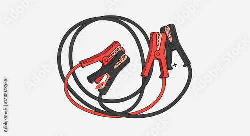 Jumper cables lying casually against plain background. Jumper cables, essential for reviving a dead car battery, are shown coiled and ready for emergency use, representing roadside assistance,
