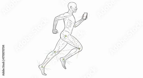 Illustration of human body running featuring acupuncture points for pain relief on white backdrop.