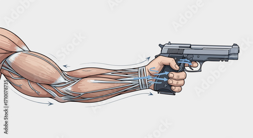 Muscle system gripping gun, illustrating how arm functions while holding weapon. Hand holding gun demonstration reveals human anatomy and muscle structure.