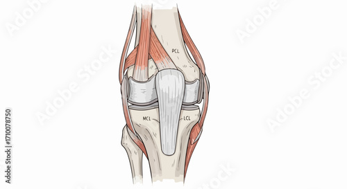 Human knee joint medical illustration presents anatomical drawing of musculoskeletal system. Medical illustration details ligaments, muscles, and bone structure in human knee.