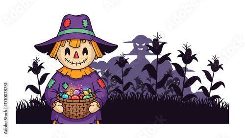 The Smiling Scarecrow: An illustrated image of a friendly scarecrow, adorned in a purple attire and cheerful smile, embracing the joyous spirit of the occasion by holding a basket of colorful eggs.