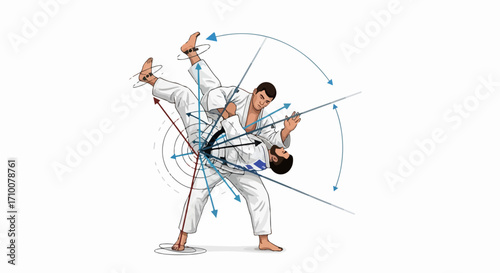 Depiction of judo moves showing dynamics and efficiency of throwing martial arts. Judo action portrayed with illustrative annotations of dynamics and action.