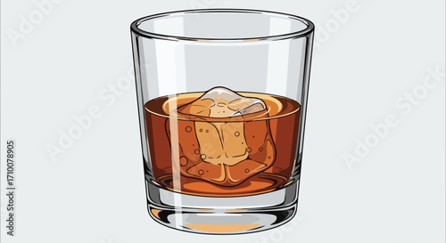 Beverage illustration of drink with ice, featuring refreshing alcohol in glass, Getränkeillustration von Getränk mit Eis, mit erfrischendem Alkohol im Glas. Drink with ice includes whiskey on rocks,