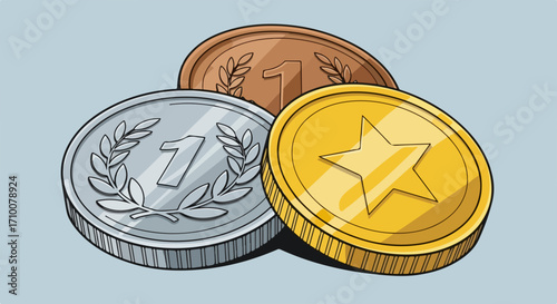 Prize medal set features gold, silver, and bronze coins, shiny awards for achievement and recognition. Набор призовых медалей с золотыми, серебряными и бронзовыми монетами,