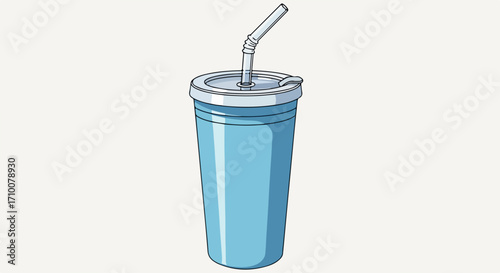 Blue cup illustration showing refreshing drink in takeout packaging with straw, This blue cup illustration shows beverage container, excellent for summertime refreshments.