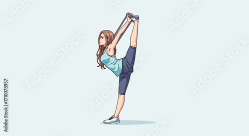 A woman stretching and doing gymnastic split against light background. Stretching pose shows elegance and agility. Concept stretching for fitness and yoga, promotes flexibility and graceful movement,