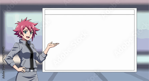 Anime presentation with blank whiteboard ready for educational content and commercial slideshows. Anime presentation shows area to create custom lessons and anime presentation, training seminars,