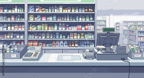 Pharmacy store interior featuring shelves and counter displaying medications, Pharmacy store interior with shelves and counter provides a variety of health-related items and medicines,