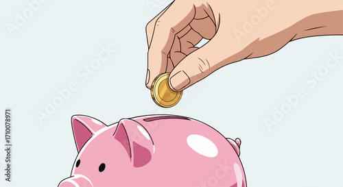 Saving money concept with pink piggy bank and golden coin, also known as экономия денег concept. Investing money for future requires patience and commitment,