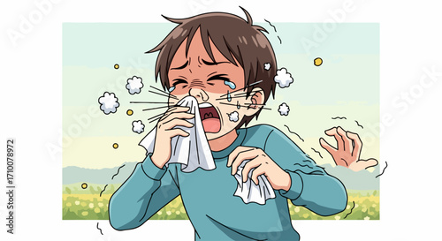 Child with allergies suffering from seasonal allergy attack, holding tissue to nose because of alergia estacional.