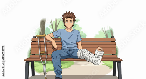 Cartoon character with broken leg and a crutch sits alone on park bench,
