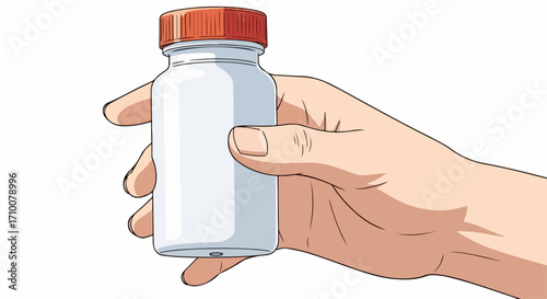 Hand holding bottle, presenting clean container with red cap against white backdrop. Hand holding bottle for pill storage, showcasing medical supplements, against seamless background.