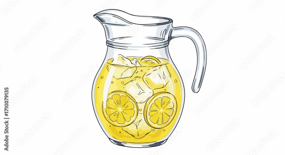 Lemonade illustration of refreshing citrus drink with lemon slices and ice, set in clear pitcher, agua de limon ilustracion is freshly squeezed. This lemonade illustration is hand drawn,