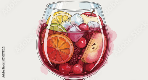 Refrescante sangría en copa con hielo y rodajas de fruta ofrece sabores vibrantes. Refrescante sangria includes orange, lemon, apple and other fruit. Classic sangria for summer party,