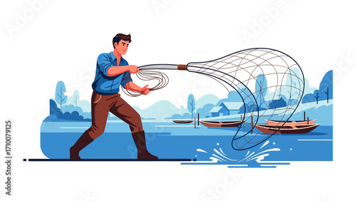  Fisherman Casting Net: A vector illustration showcases a fisherman skillfully casting his fishing net. The image is a celebration of the art and patience of fishing in a serene environment.