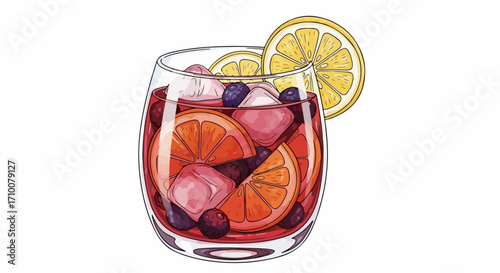Refreshing sangria illustration with ice cubes and vibrant citrus slices, showcasing drink illustration. This delightful drink illustration contains fresh fruits and ice,