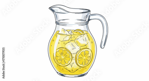 Lemonade illustration of refreshing citrus drink with lemon slices and ice, set in clear pitcher, agua de limon ilustracion is freshly squeezed. This lemonade illustration is hand drawn,