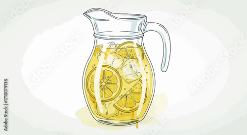 Freshly made lemonade illustration with lemon slices and ice cubes in jug for summer refreshment. Freshly made lemonade illustration with sweet and sour taste gives a feeling of summer holidays.