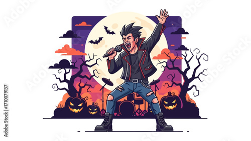 Rock Star Unleashed: A dynamic illustration of a rock star in a Halloween-themed setting, his silhouette illuminated by a large moon, a striking representation of music and seasonal festivities.