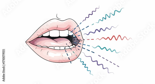 Open mouth speech with sound waves emanating illustrates spoken words, verbal communication, and represents the concept of open mouth speech. Bocca aperta parla con onde sonore emananti,