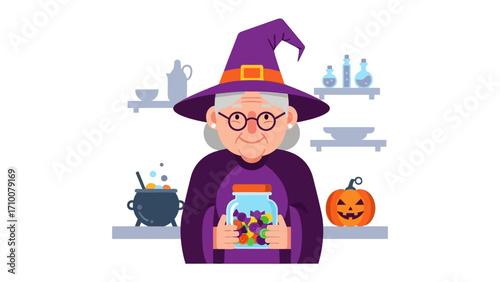 Enchanting Halloween Sorceress: A kindly sorceress, adorned in her classic witch attire, extends a jar filled with enchanted delights. Alongside.