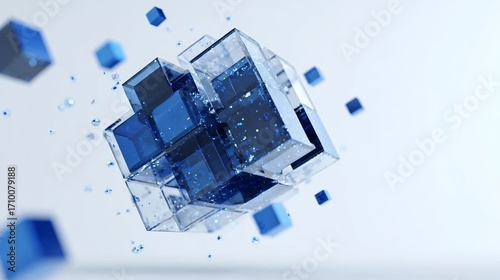 Abstract blue geometric cubes forming a complex structure with floating particles