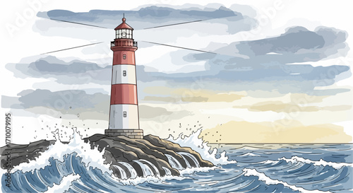 Lighthouse illustration on rocks in ocean showcases guiding ships through stormy seas, маяк с красно-белыми полосами возвышается, безопасно проводя корабли через бушующие моря.