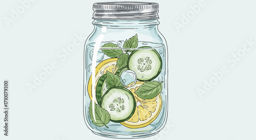 Refreshing detox water with cucumber, lemon, and mint in glass jar for healthy hydration. Homemade detox water infused with fresh cucumber slices, juicy lemon,