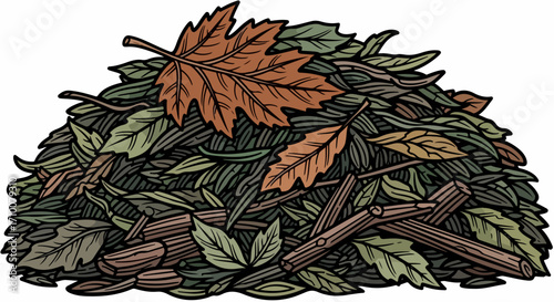 Pile of leaves with twigs isolated on white provides autumnal imagery. Pile of leaves shows seasonal transition with different colors and textures.