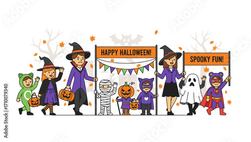 Halloween Gathering: A lively illustration of children in vibrant costumes, eagerly celebrating Halloween, decorated with banners and festive ambiance. 