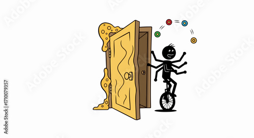 Cartoon character juggling is a fun and whimsical illustration featuring an animated spider. Cartoon character juggling on unicycle.