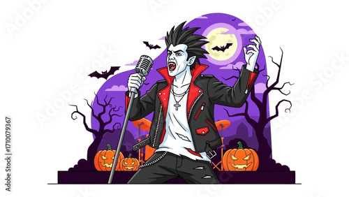Vampire Rock Star on Stage: A striking illustration of a vampire rock star commanding the stage, with a vintage microphone and a spooky, halloween-themed backdrop