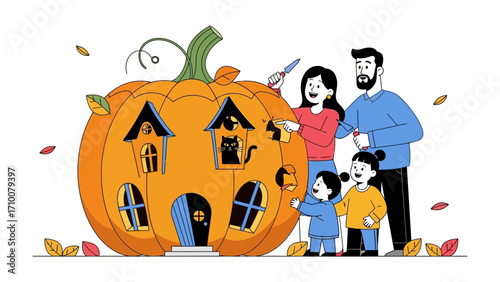 Autumn Family Pumpkin Carving Fun: A happy family meticulously carves a massive pumpkin, turning it into a spooky house with smiling faces. Celebrating Autumn's charm.