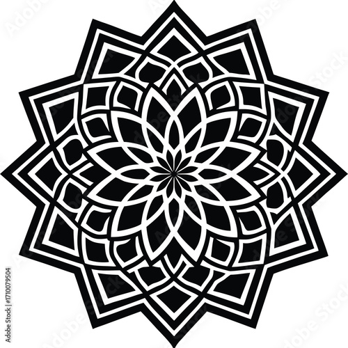 Intricate islamic arabesque ornamental design with geometric patterns and floral motifs in black and white