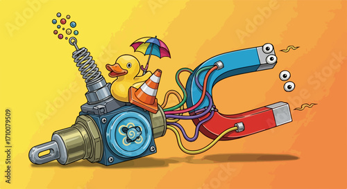 Rubber ducky drawing on colorful backdrop features quirky mechanical device. This rubber ducky art presents whimsical scene filled with vibrant components.