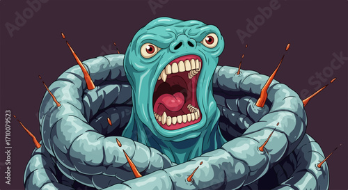 Cartoon monster shouting with sharp teeth surrounded by spiky tentacles. Cartoon monster with open mouth and tongue, looks menacing with brown eyes. For illustration use a cartoon monster in art.