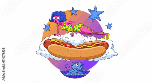 A surreal illustration shows food fantasy with woman doing plank on hotdog in clouds. Hotdog with mustard and person doing workout in clouds, and fish with human teeth.