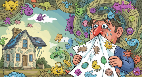Conceptual depiction of germ attack with man shielding face, a portrayal of germ attack scenario, featuring a man with a house and numerous viruses. Germ attack includes various microbes,