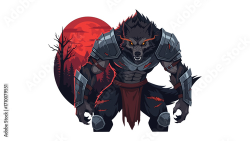 Mystical Werewolf Warrior: A formidable werewolf warrior stands defiantly beneath a crimson moon, a symbol of primal power, drawing the viewer into a realm of fantasy and the unknown.