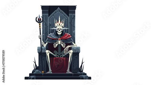 Skeletal Sovereign: A spectral skeletal figure sits upon an imposing stone throne, a crown atop its skull, and a scepter clutched in its bony grip. The image is a blend of the eerie and majestic.