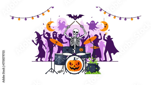 Spooky Band: A lively Halloween scene depicting a skeleton drummer and a dancing crowd, bathed in a neon glow, creates a fun celebration atmosphere.