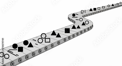 Assembly line illustration shows shapes moving on conveyor belt. Assembly line process uses various geometrical shapes, circles, squares, and triangles, conveying industrial process.