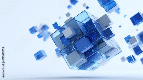 Abstract blue transparent cubes forming a complex geometric structure against a light background