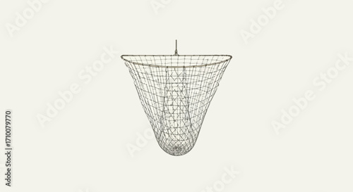 Simple wire basket against off-white background. Minimalist wire basket hanging from thin cord is centered against a smooth background. Commercial concept with wire basket as home decor.